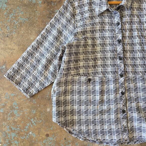 Habitat Boxy Fit Top Size L Black White Plaid Button Up 3/4 Sleeve Textured - Picture 4 of 9